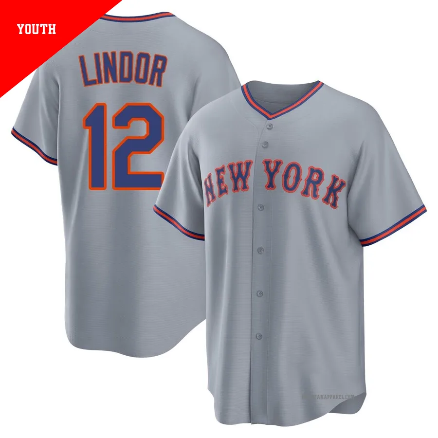 New York Mets ＃12 Francisco Lindor Youth Gray Replica Away 2.0 Jersey