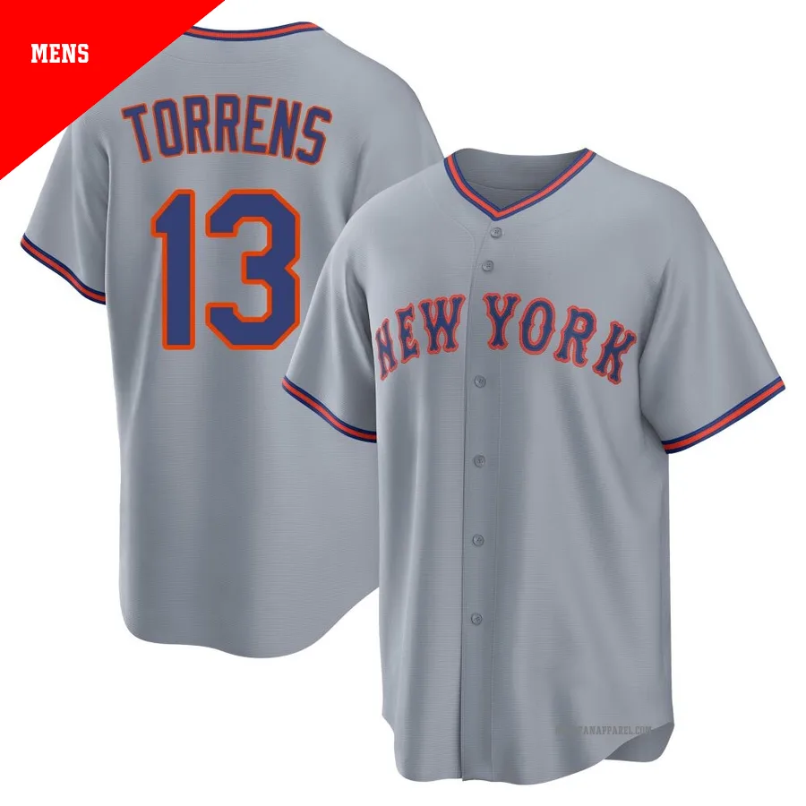 New York Mets ＃13 Luis Torrens Men's Gray Replica Away 2.0 Jersey