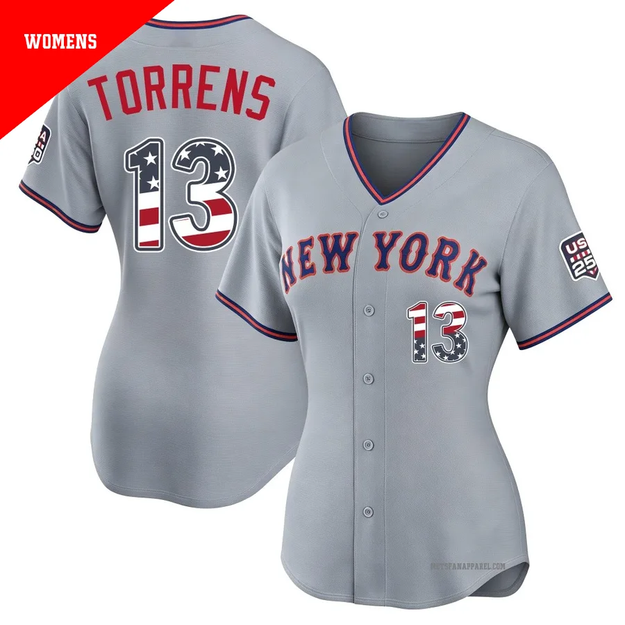 New York Mets ＃13 Luis Torrens Women's Gray Limited USA 250 Fourth Of July Road Stadium Jersey