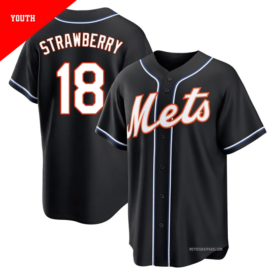 New York Mets ＃18 Darryl Strawberry Youth Black Replica Fashion Out Jersey