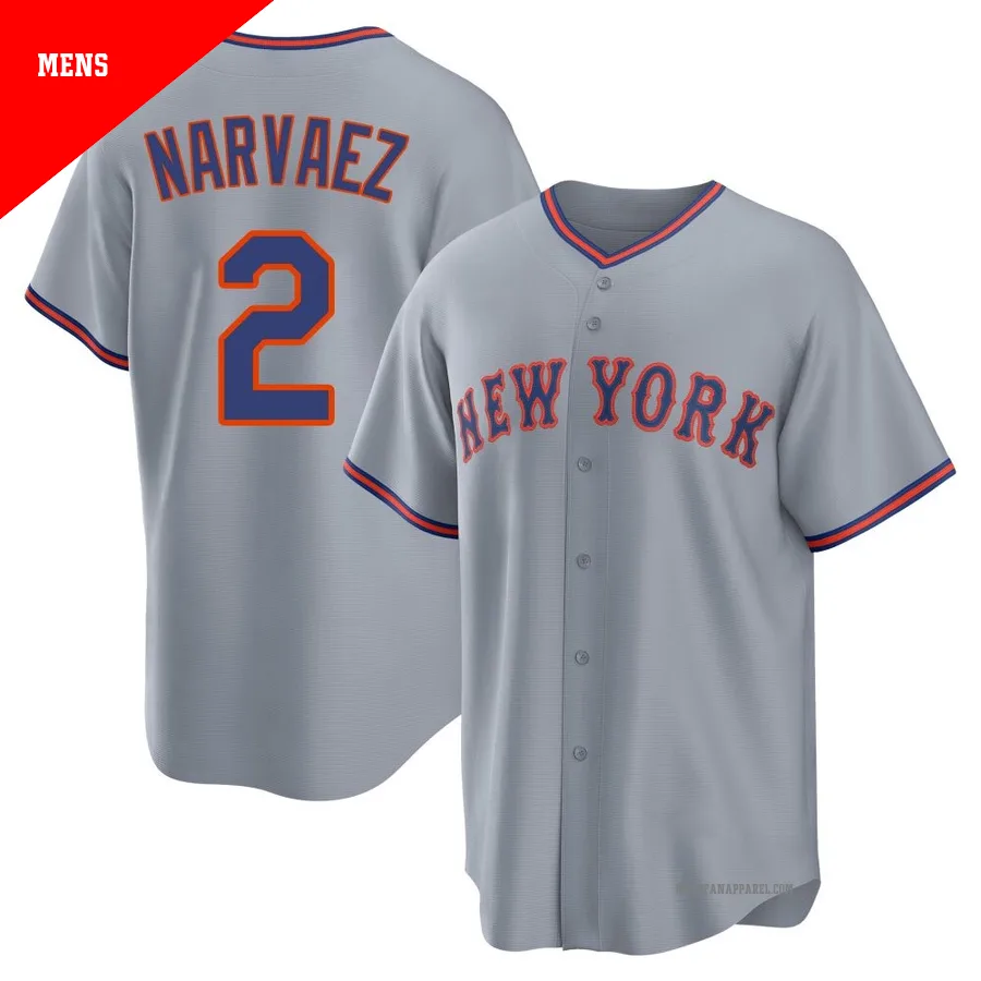 New York Mets ＃2 Omar Narvaez Men's Gray Replica Away 2.0 Jersey