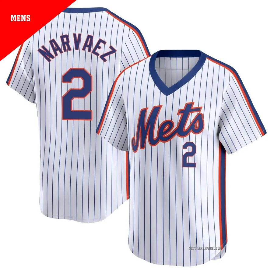 New York Mets ＃2 Omar Narvaez Men's White Limited Cooperstown Collection Jersey