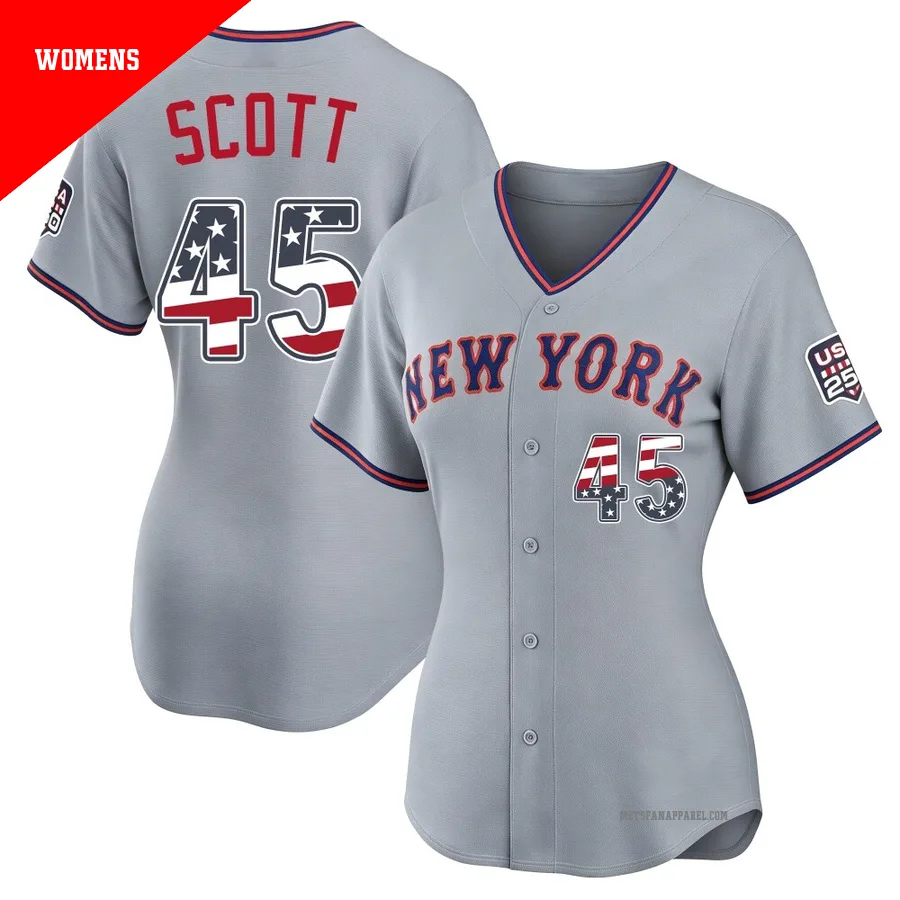 New York Mets ＃45 Christian Scott Women's Gray Limited USA 250 Fourth Of July Road Stadium Jersey