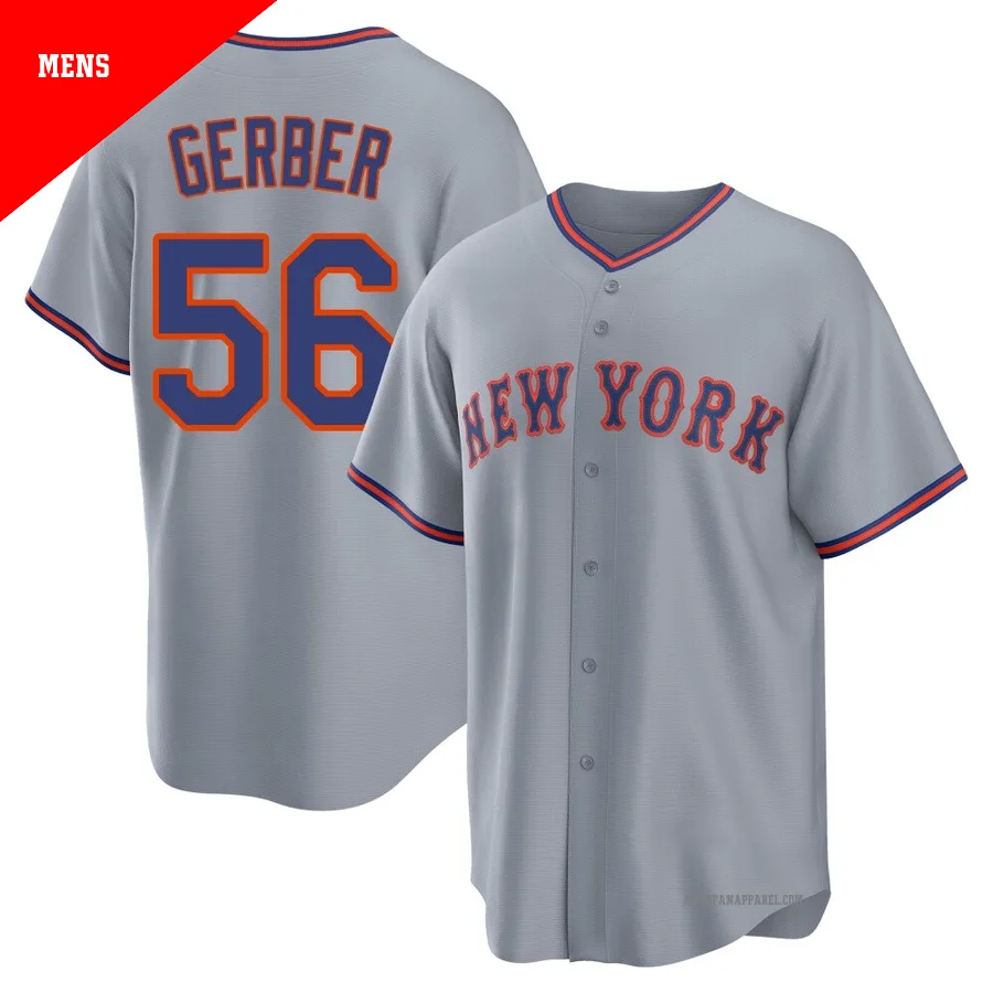 New York Mets ＃56 Joey Gerber Men's Gray Replica Away 2.0 Jersey