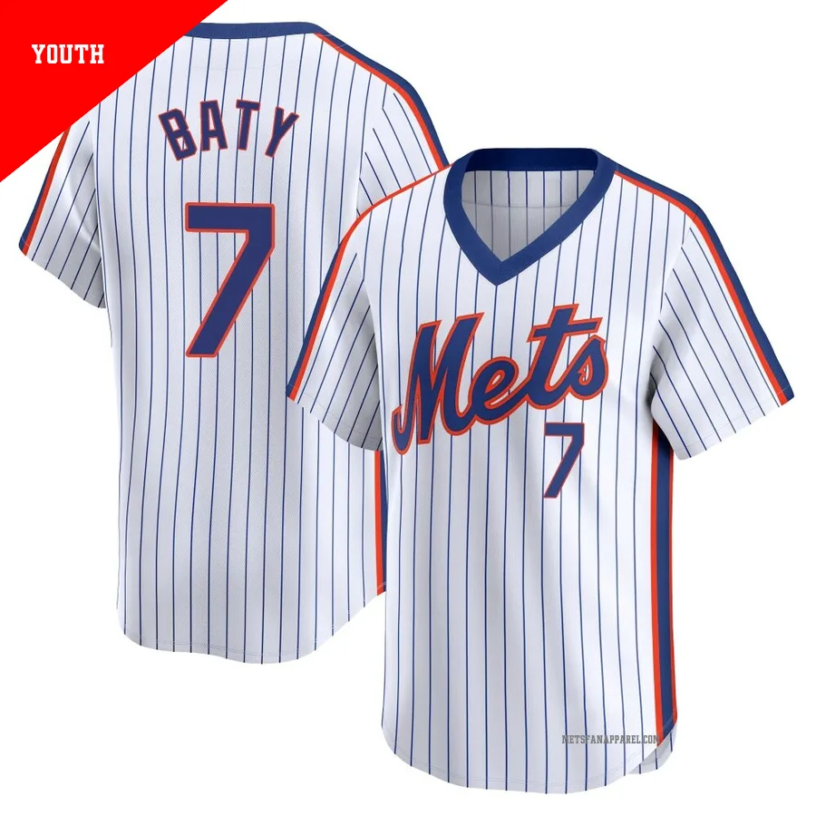 New York Mets ＃7 Brett Baty Youth White Limited Cooperstown Collection Jersey